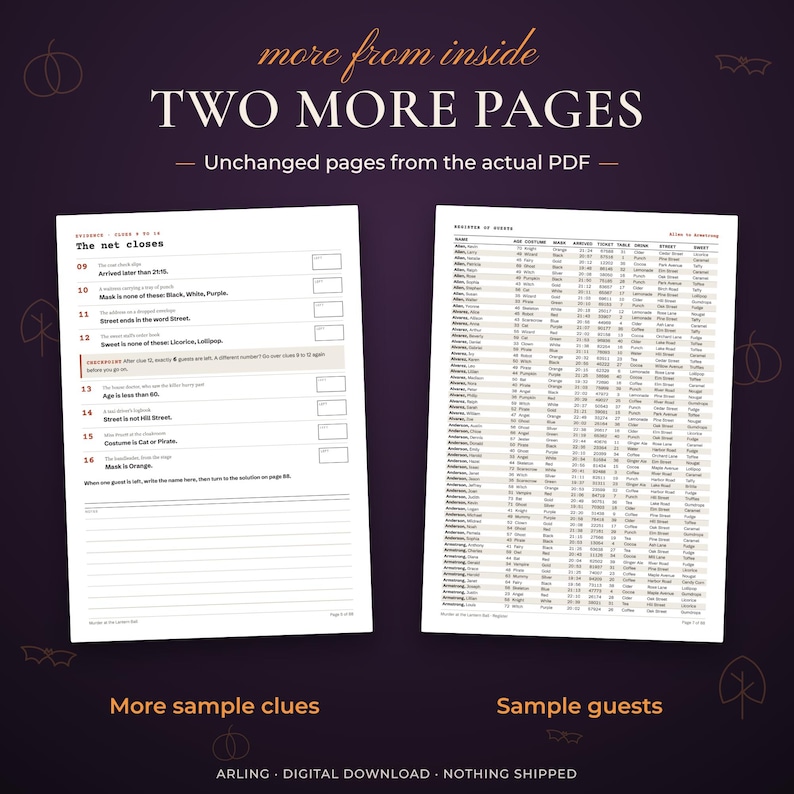 Two more pages. Unchanged pages from the actual PDF. More sample clues. Sample guests.