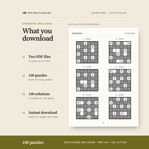 A real solutions page. 100 printable Nurikabe puzzles, easy to challenge. PDF for A4 and US Letter, all solutions included.