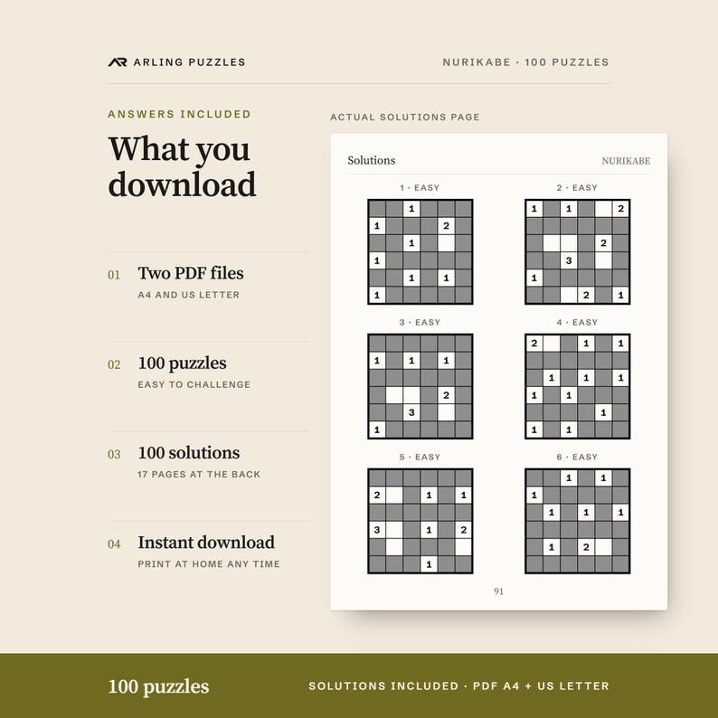 A real solutions page. 100 printable Nurikabe puzzles, easy to challenge. PDF for A4 and US Letter, all solutions included.
