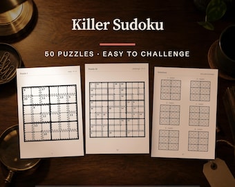 Killer Sudoku Puzzle Book, 50 Printable Logic Puzzles (PDF A4 & US Letter)