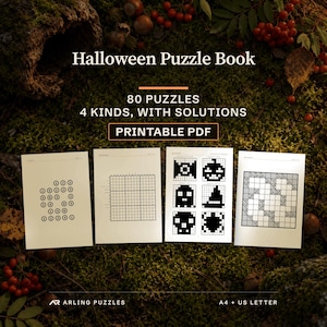 Halloween Puzzle Book, 80 puzzles, 4 kinds, with solutions, Printable PDF. Real pages from the files you download, laid on a desk: Hashi puzzle 20, hard, Nonogram puzzle 15, hard, a page of solved Nonogram pictures and Kakuro puzzle 19, hard.