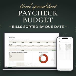 Paycheck Budget, Bills sorted by due date. Excel spreadsheet shown on a laptop and a phone with example data.
