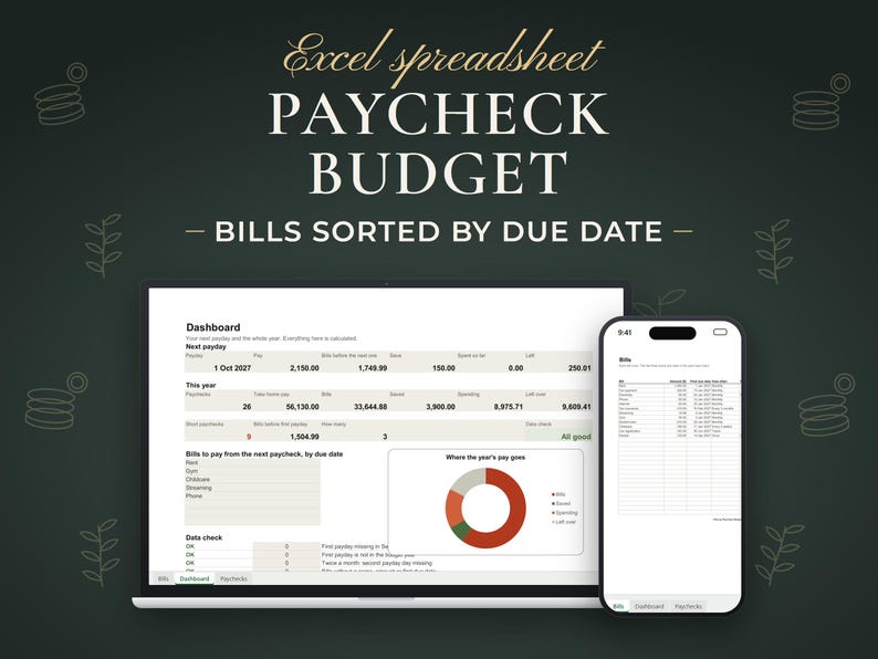 Paycheck Budget, Bills sorted by due date. Excel spreadsheet shown on a laptop and a phone with example data.