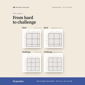 The levels shown as real grids. 50 printable Nonogram puzzles, hard and challenge. PDF for A4 and US Letter, all solutions included.