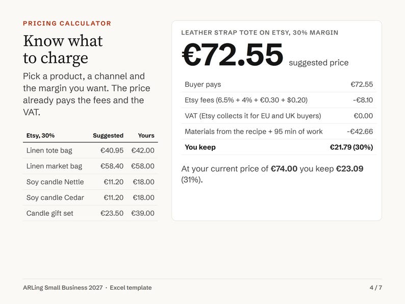 Small Business Bookkeeping Spreadsheet, Order and Inventory Tracker, Pricing Calculator with Etsy Fees, EU UK VAT, Excel Template 2027