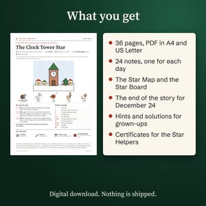 What you get: 36 pages as PDF in A4 and US Letter, 24 notes, Star Map, Star Board, the end of the story, hints, solutions and certificates.