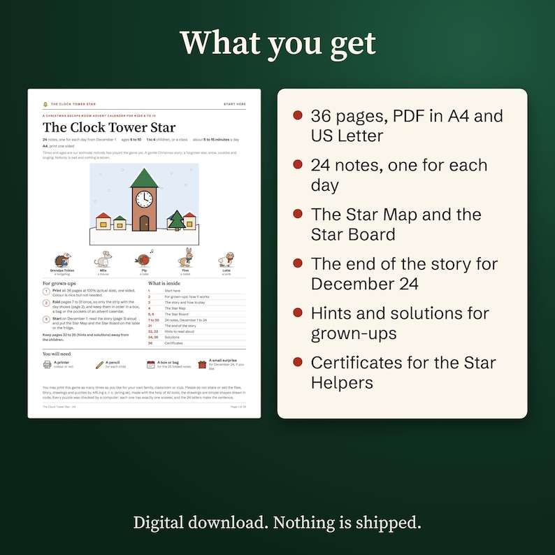 What you get: 36 pages as PDF in A4 and US Letter, 24 notes, Star Map, Star Board, the end of the story, hints, solutions and certificates.
