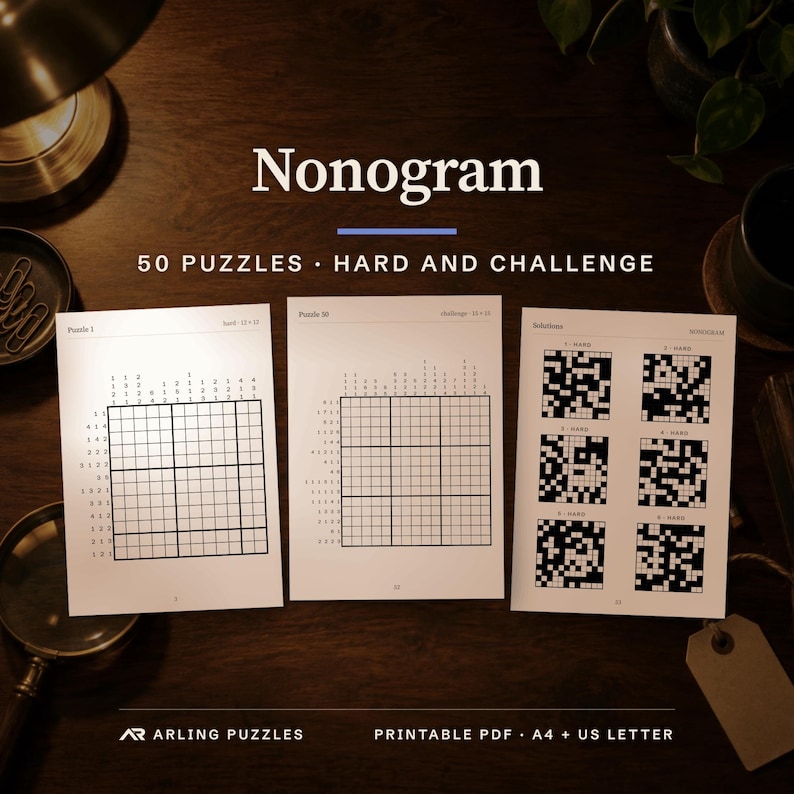 Cover with a real puzzle page. 50 printable Nonogram puzzles, hard and challenge. PDF for A4 and US Letter, all solutions included.