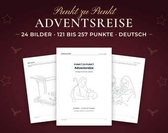以下が含まれることがあります： 24枚の画像と各121から257の点を含む「Punkt zu Punkt ADVENTSREISE」というタイトルの点つなぎアクティビティブック。表紙には杖を持った人物と子羊の線画が描かれており、点つなぎのイラストが載った2枚の追加ページが並んでいます。