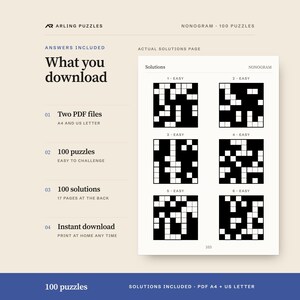 A real solutions page. 100 printable Nonogram puzzles, easy to challenge. PDF for A4 and US Letter, all solutions included.
