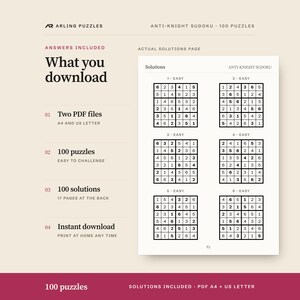 A real solutions page. 100 printable Anti-knight Sudoku puzzles, easy to challenge. PDF for A4 and US Letter, all solutions included.