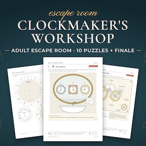 Clockmaker's Workshop, Adult escape room · 10 puzzles + finale. Real pages from the PDF you download.