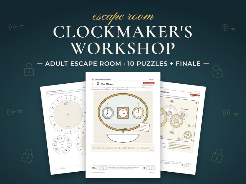 Clockmaker's Workshop, Adult escape room · 10 puzzles + finale. Real pages from the PDF you download.
