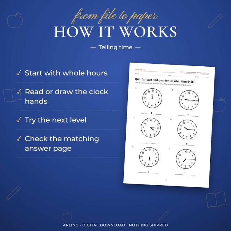 How it works. Telling time. Start with whole hours. Read or draw the clock hands. Try the next level. Check the matching answer page.