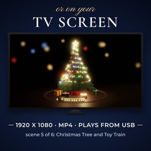 Christmas tree with twinkling lights and a toy train playing on a TV screen.