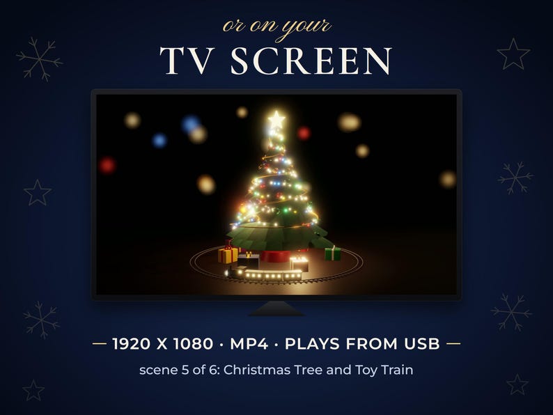 Christmas tree with twinkling lights and a toy train playing on a TV screen.