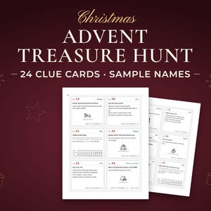 Advent Treasure Hunt, 24 clue cards · sample names. Real pages from the PDF you download.