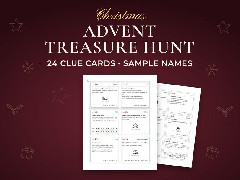 Advent Treasure Hunt, 24 clue cards · sample names. Real pages from the PDF you download.