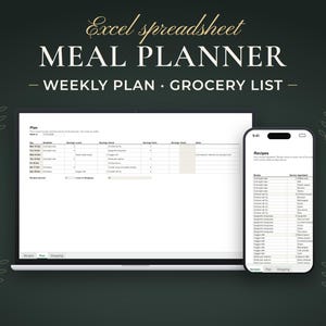 Weekly Meal Planner & Grocery List Excel Spreadsheet (Digital Download)