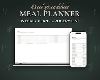 Weekly Meal Planner & Grocery List Excel Spreadsheet (Digital Download)