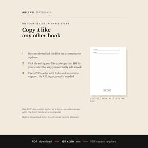 Three steps for using the journal in a compatible PDF reader, with a real dotted page shown. Physical e-ink devices have not been tested.