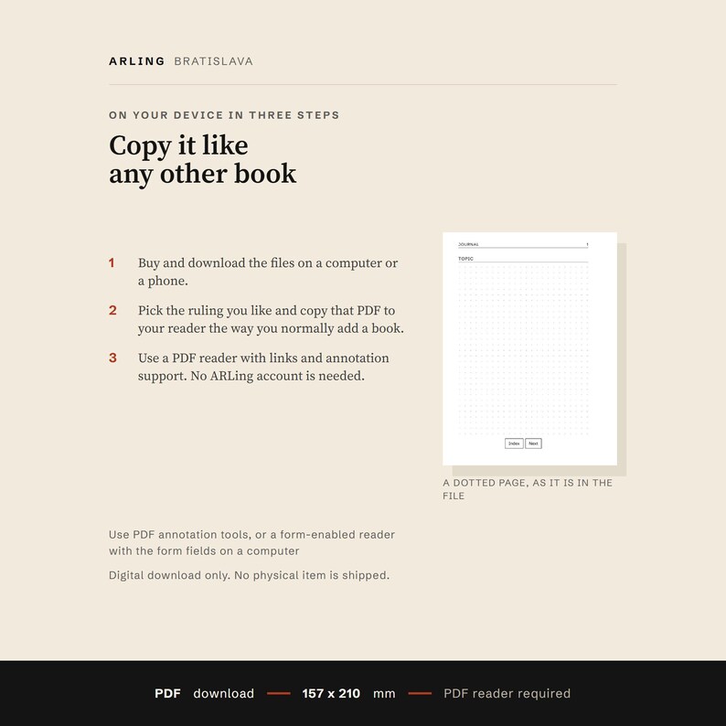 Three steps for using the journal in a compatible PDF reader, with a real dotted page shown. Physical e-ink devices have not been tested.