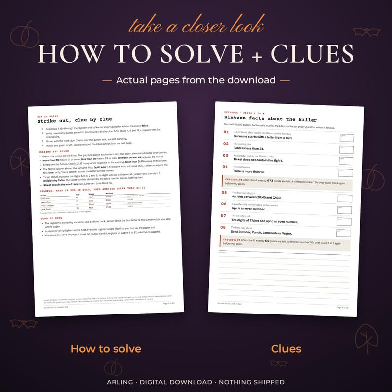How to solve + Clues. Actual pages from the download. How to solve. Clues.