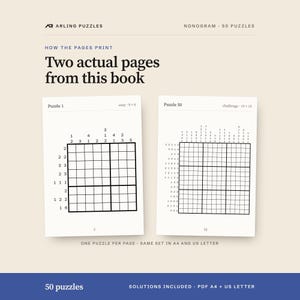 Two real pages from the book. 50 printable Nonogram puzzles, easy to challenge, large print. PDF for A4 and US Letter, all solutions included.