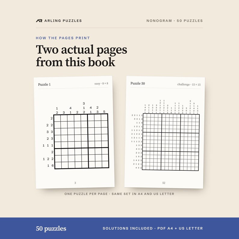 Two real pages from the book. 50 printable Nonogram puzzles, easy to challenge, large print. PDF for A4 and US Letter, all solutions included.