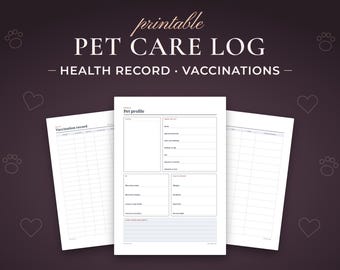 May include: A printable pet care log featuring three white pages with black text. The central page is a pet profile form, while the side pages are vaccination records. The background is dark purple with light outlines of hearts and paw prints.