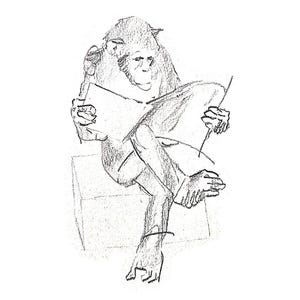 Op de afbeelding: Een zwart-wit potloodschets van een chimpansee die op een vierkant blok zit. De chimpansee houdt met beide handen een open boek of krant vast en kijkt met een geconcentreerde uitdrukking naar de pagina's. De tekening gebruikt eenvoudige lijnen.