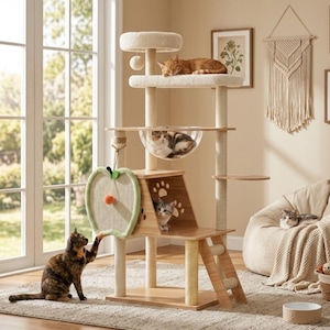 May include: A multi-level cat tree featuring a light wood finish, sisal-wrapped scratching posts, a clear acrylic dome perch, a plush top platform, and an apple-shaped scratching board with a hanging toy. Several cats are resting on the structure.