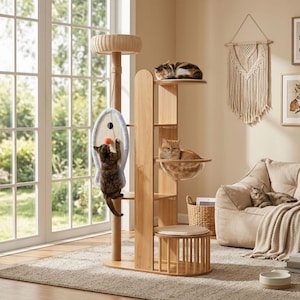 May include: A multi-level cat tree made of light-toned wood featuring a sisal-wrapped scratching post, a circular woven perch, a clear acrylic bowl bed, a fish-shaped scratching board with a hanging toy, and a slatted base with a cushion.