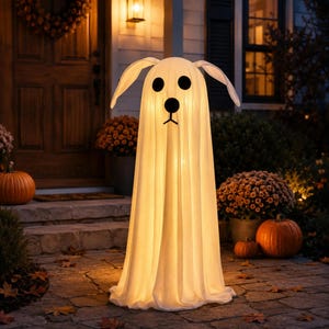 May include: A tall, illuminated white fabric ghost decoration shaped like a dog. The figure features two long, drooping ears, two round black eyes, and a black nose with a small vertical line extending downward to form a simple mouth expression.
