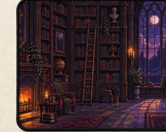 Könnte beinhalten: Eine rechteckige Schreibtischunterlage mit einer detaillierten Illustration einer dunklen, gemütlichen Bibliothek bei Nacht. Die Szene zeigt hohe Holzregale, ein großes Bogenfenster mit Vollmond, einen Kamin, eine Leiter und einen Schreibtisch.