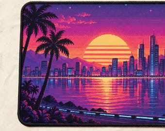Large Desk Mat, Synthwave Pixel Art Neon City Sunset, Retro Gaming Mouse Pad