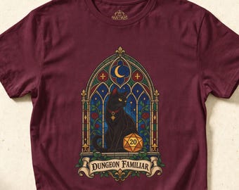TRPG Cat Shirt — Stained Glass Cathedral Window, Gothic Tabletop Tee, Fantasy Pet Gift