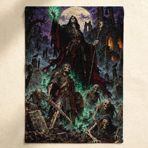 May include: A rectangular woven tapestry featuring a dark fantasy scene with a hooded necromancer casting green magic under a full moon. A skeletal warrior with a sword stands in the foreground among several rising skeletons in a graveyard.
