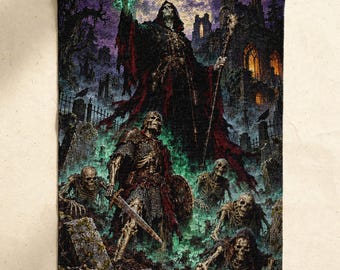 Dark Fantasy Tapestry, Necromancer Graveyard Wall Art, Gothic Skeleton Painting, Vintage Gamer Room Decor
