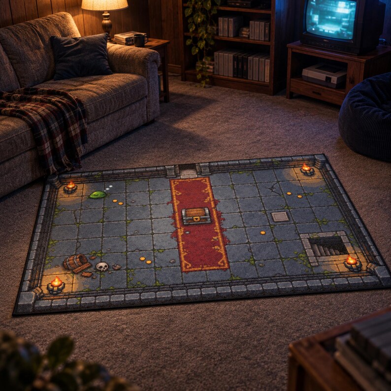 Gamingmat, vloer met pixelkunst van bovenaf gezien, kerkerontwerp, decoratie voor fantasy RPG-gamekamer afbeelding 2