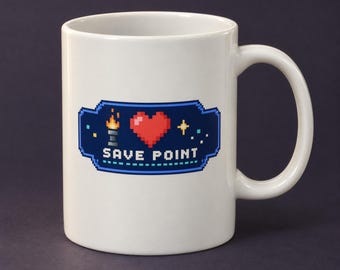 Retro Arcade Nostalgia Mug, Pixel Heart Save Point Ceramic Coffee Cup for Gamer Desks