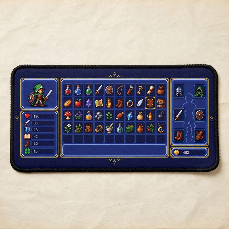 Gaming-Schreibtischunterlage, Pixel-Art-RPG-Inventarbildschirm, großes Retro-Gamer-Mauspad Bild 1