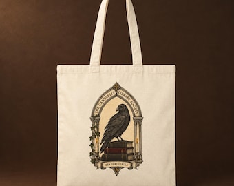 Dark Academia Tote Bag, Cotton Canvas Book Bag with Raven and Candlelight Library Art