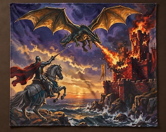 Medieval Dragon Blanket, Vintage Fantasy Throw, Castle Siege at Sunset, RPG Gamer Gift