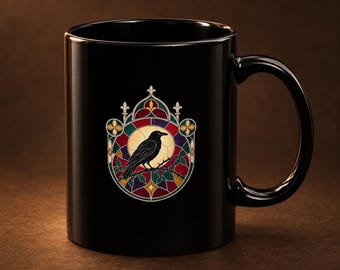 Gothic Mug, Black Ceramic Coffee Cup with a Stained Glass Raven, Dark Academia Halloween Gift