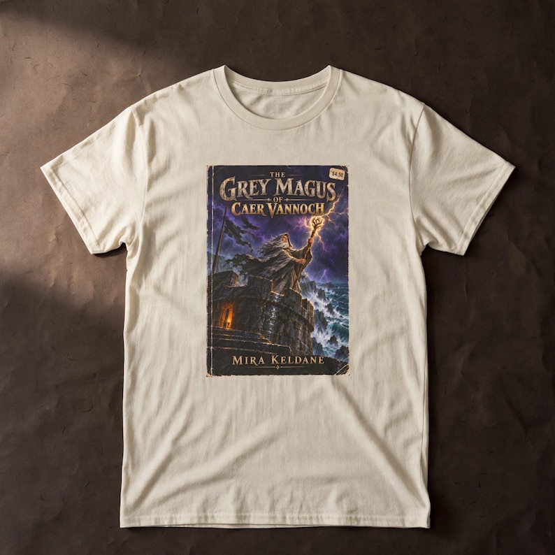 Wizard Fantasy Novel Cover Tee, Retro Paperback Art, Sword and Sorcery Gamer Gift image 1