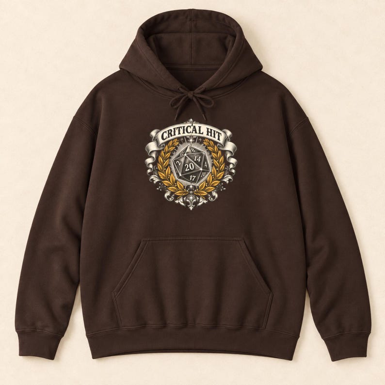 May include: A dark brown hooded sweatshirt featuring a central graphic of a twenty-sided die surrounded by gold laurel leaves and a silver banner with the text CRITICAL HIT. The hoodie includes a front kangaroo pocket and matching drawstrings.