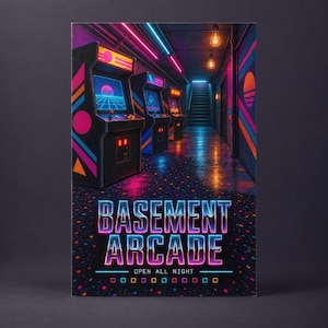 Op de afbeelding: Een rechthoekige poster met een rij arcadekasten in een donkere gang met neonroze en blauwe verlichting. De tekst BASEMENT ARCADE OPEN ALL NIGHT staat onderaan in een lichtgevend lettertype op een donkere vloer met een gespikkeld patroon.
