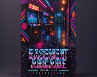 Arcade Cabinet Poster, Neon Retro Game Room Wall Art for Basement Gamer Decor