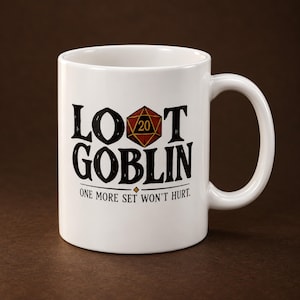 Loot Goblin Dice Hoarder Mug, Funny TTRPG Ceramic Coffee Cup for Game Night Gifts image 1